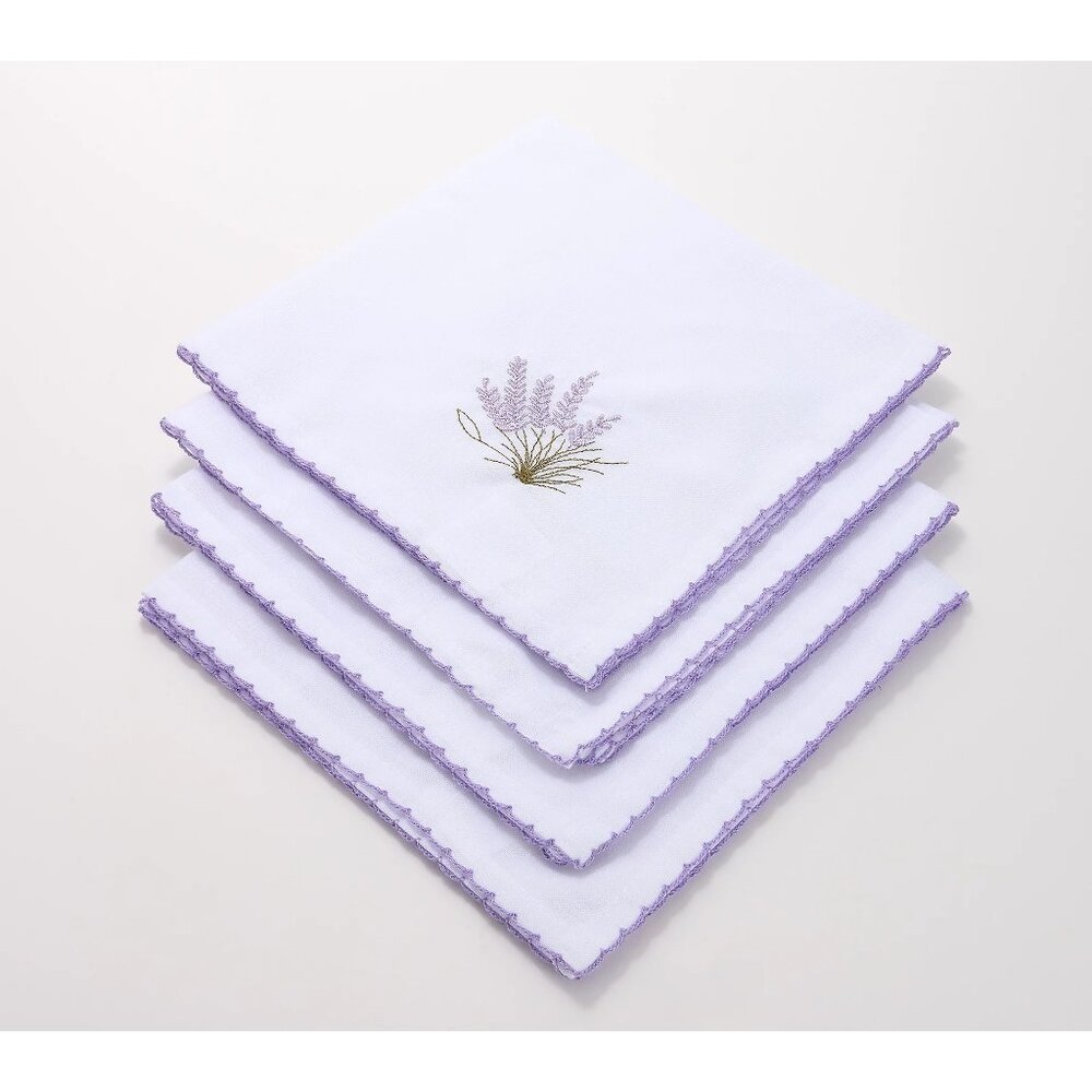 Charles Gallen Set of 4 Embroidered Napkins Square White Lavender Polyester NEW